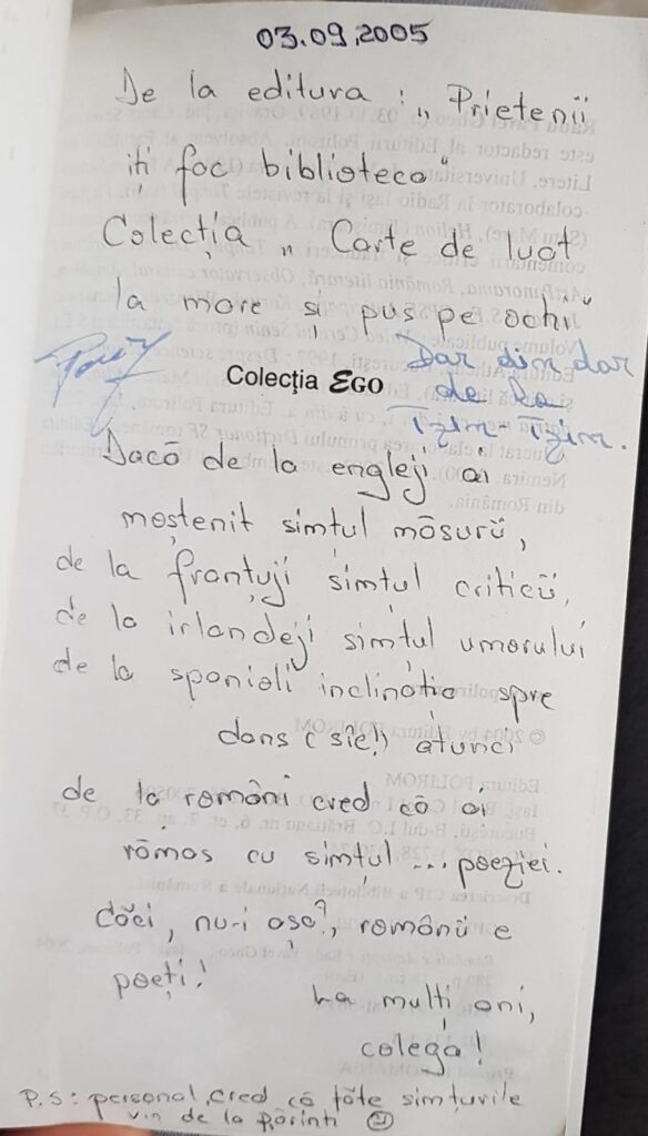 Dedicație adresată, personală, dar care se plimbă de la cititor la cititor