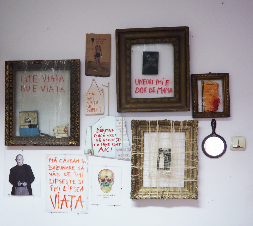 Perete cu tablouri și colaje din garsoniera lui Beatrice