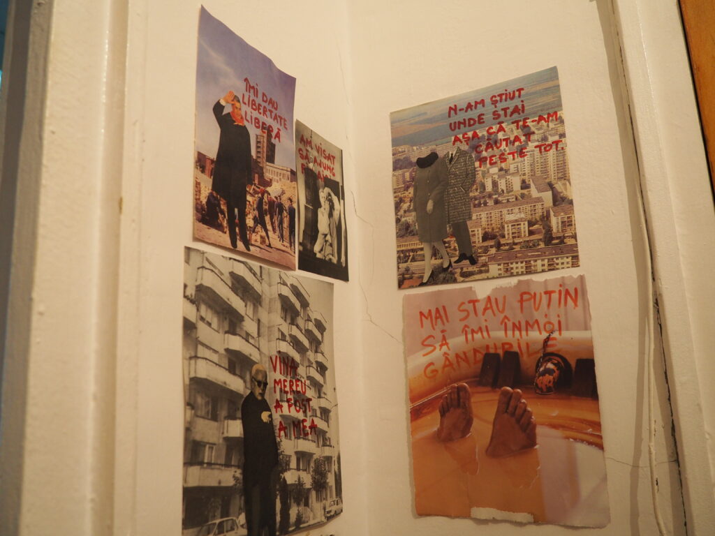 Colaje și fotografii cu text de pe peretele din holul artistei